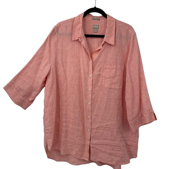Chicos 4 Linen No Iron Button Up Shirt Plus size 20/22 Coral 3/4 Sleeve Beachy - Picture 1 of 8